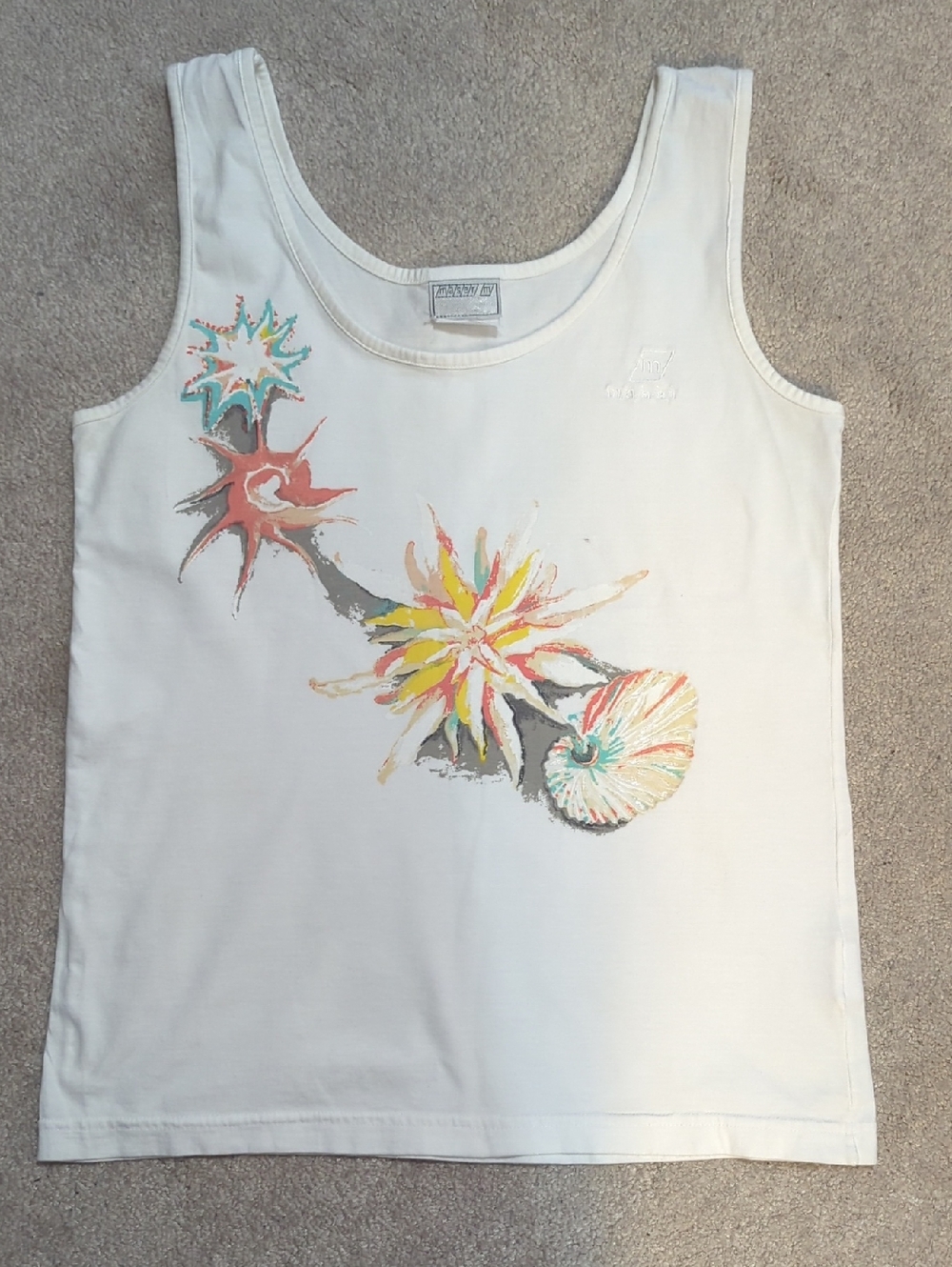 Vintage- MASER White Graphic Tennis Tank Top with Colorful Starburst Design
